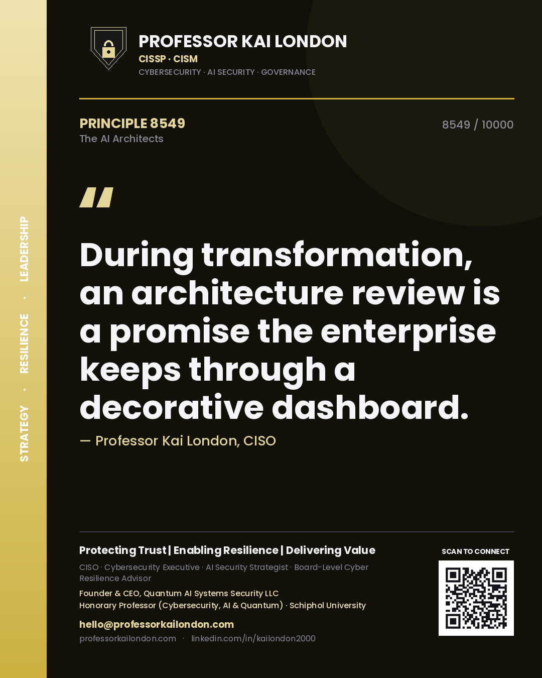 Quote card by Professor Kai London reading 'During transformation, an architecture review is a promise the enterprise keeps through a decorative dashboard.'. From the book The AI Architects.
