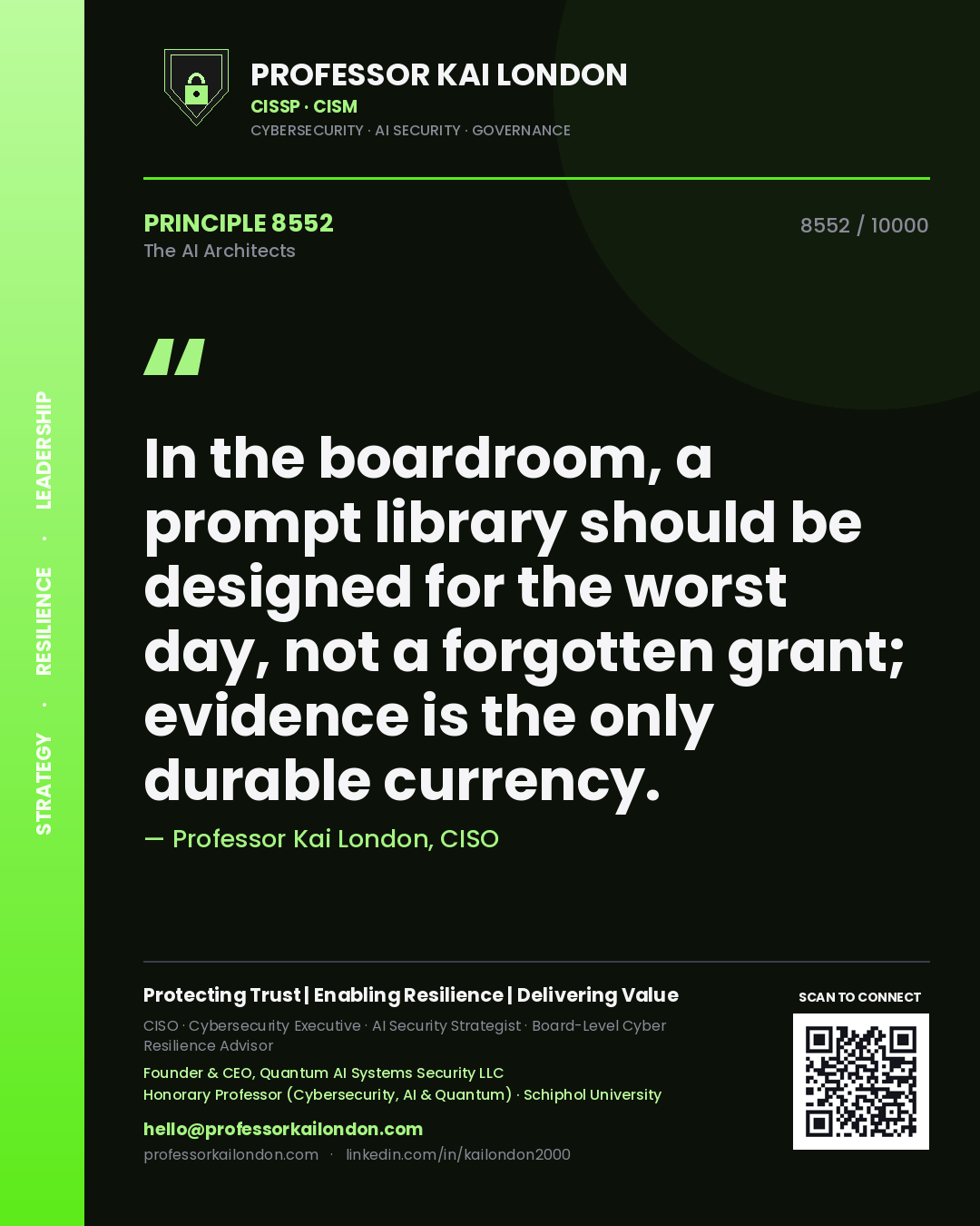 Quote card by Professor Kai London reading 'In the boardroom, a prompt library should be designed for the worst day, not a forgotten grant; evidence is the only durable currency.'. From the book The AI Architects.