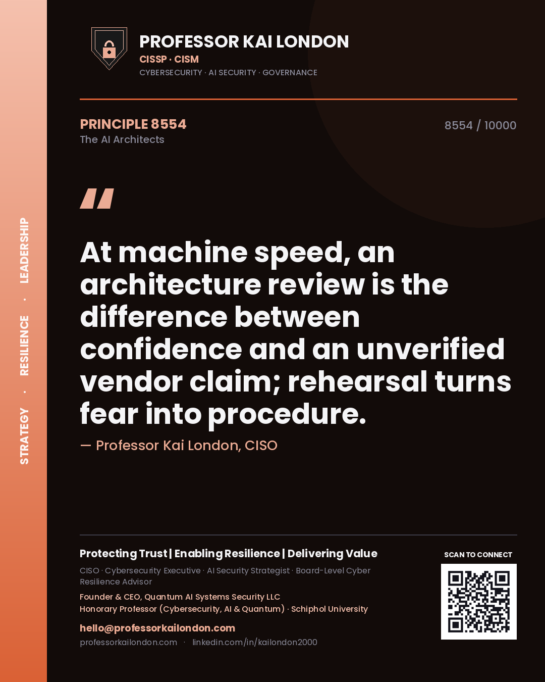 Quote card by Professor Kai London reading 'At machine speed, an architecture review is the difference between confidence and an unverified vendor claim; rehearsal turns fear into procedure.'. From the book The AI Architects.