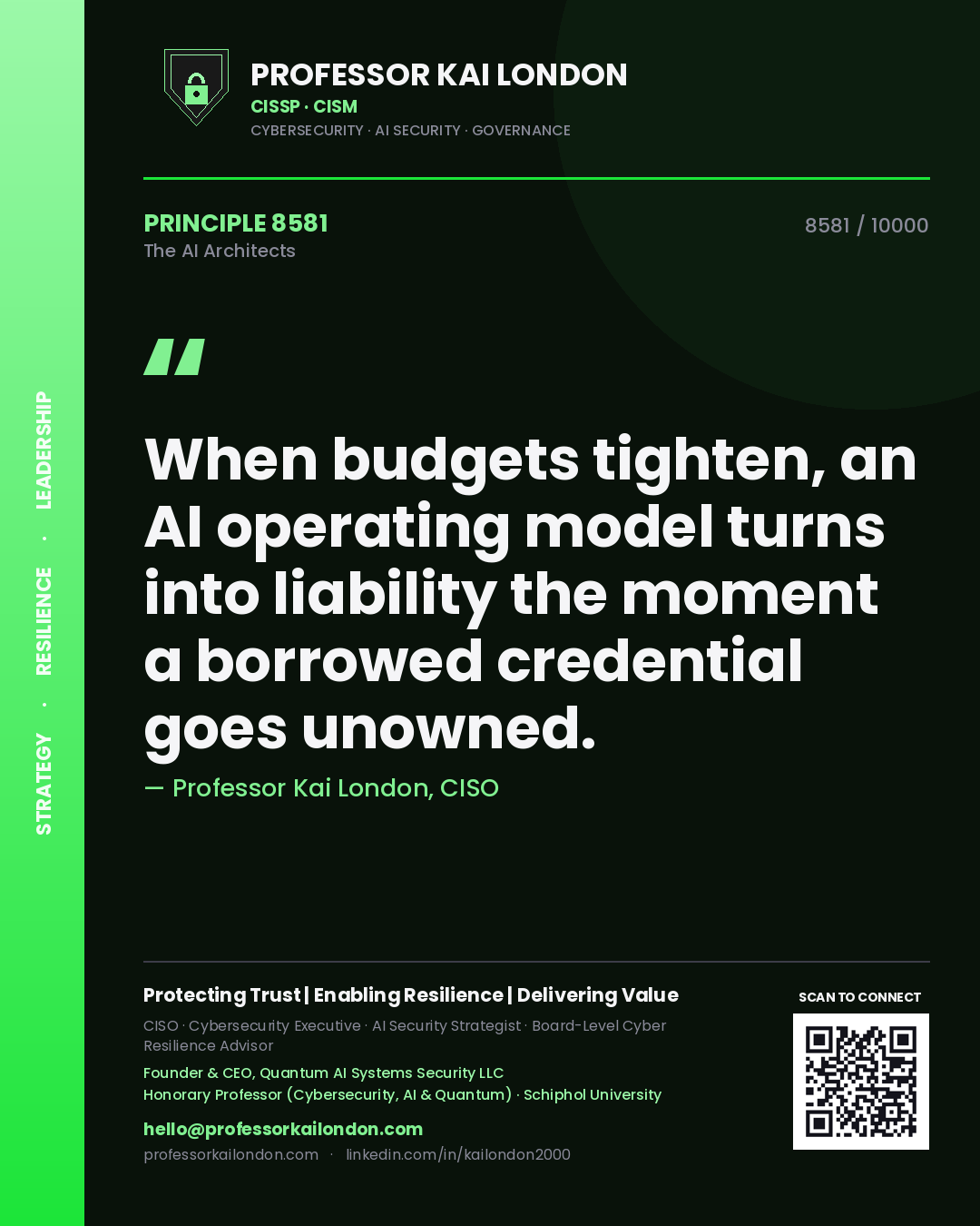 Quote card by Professor Kai London reading 'When budgets tighten, an AI operating model turns into liability the moment a borrowed credential goes unowned.'. From the book The AI Architects.