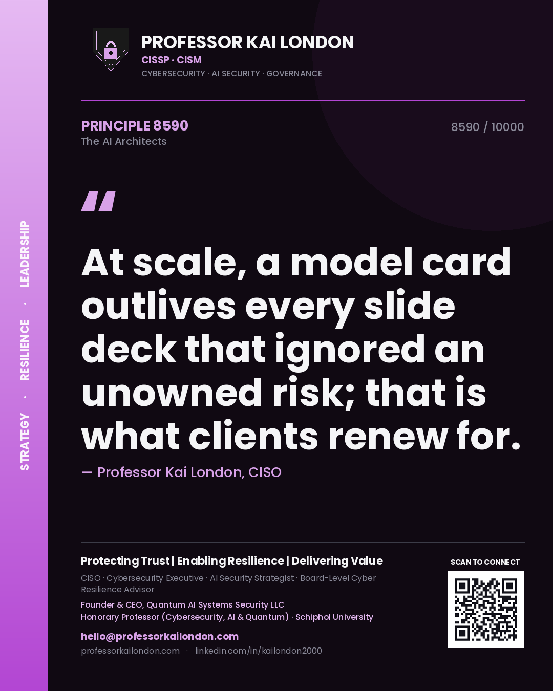 Quote card by Professor Kai London reading 'At scale, a model card outlives every slide deck that ignored an unowned risk; that is what clients renew for.'. From the book The AI Architects.
