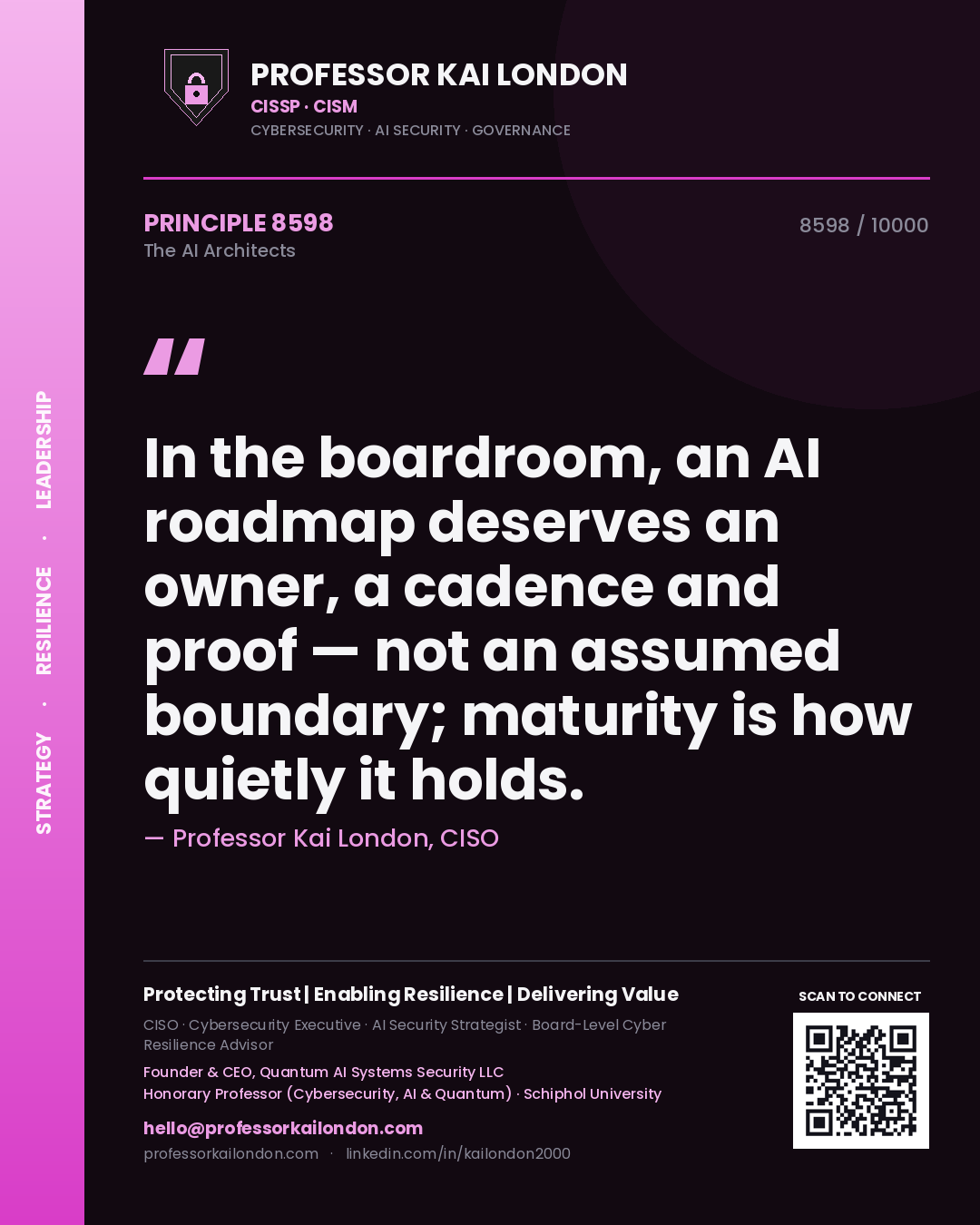 Quote card by Professor Kai London reading 'In the boardroom, an AI roadmap deserves an owner, a cadence and proof — not an assumed boundary; maturity is how quietly it holds.'. From the book The AI Architects.