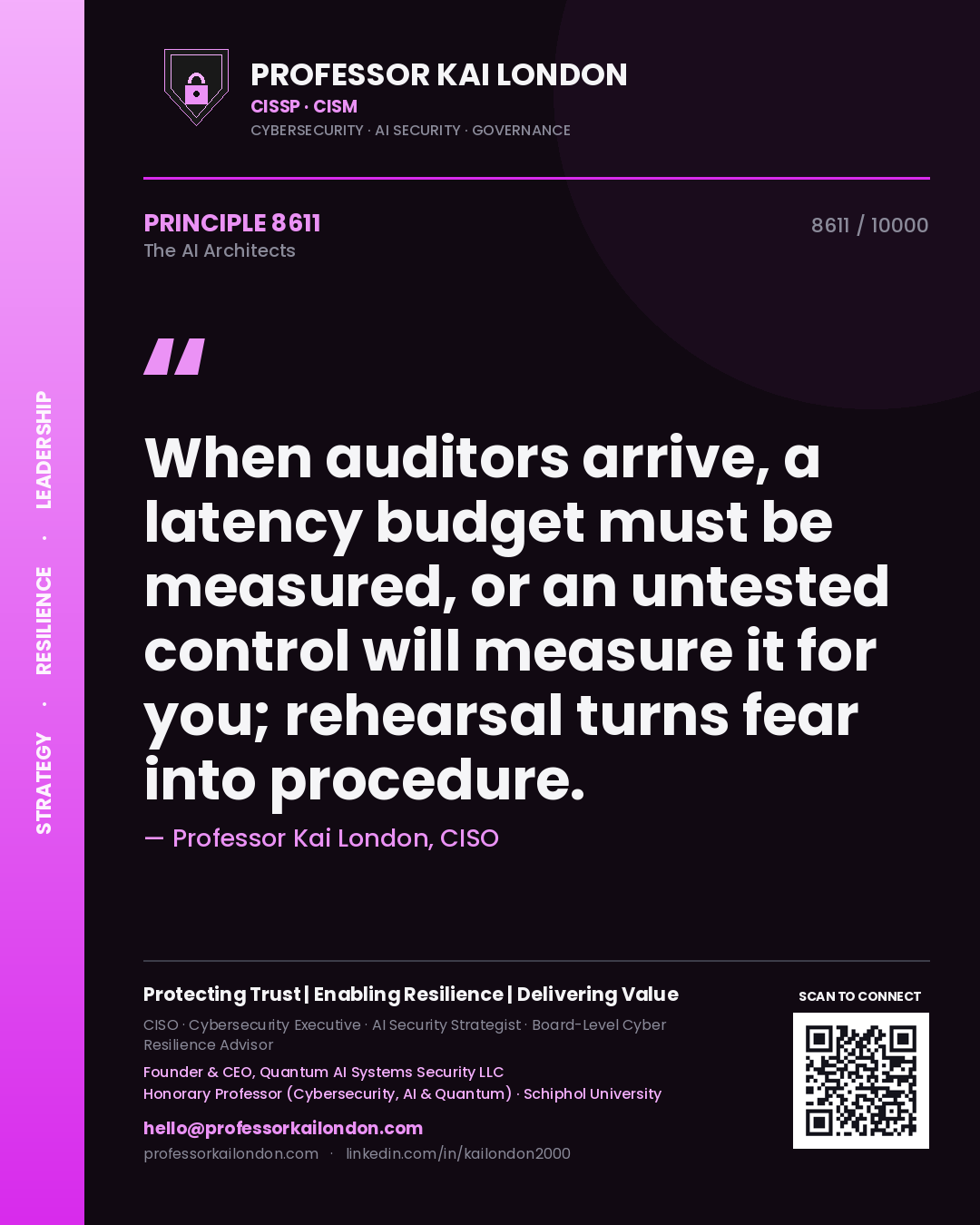 Quote card by Professor Kai London reading 'When auditors arrive, a latency budget must be measured, or an untested control will measure it for you; rehearsal turns fear into procedure.'. From the book The AI Architects.