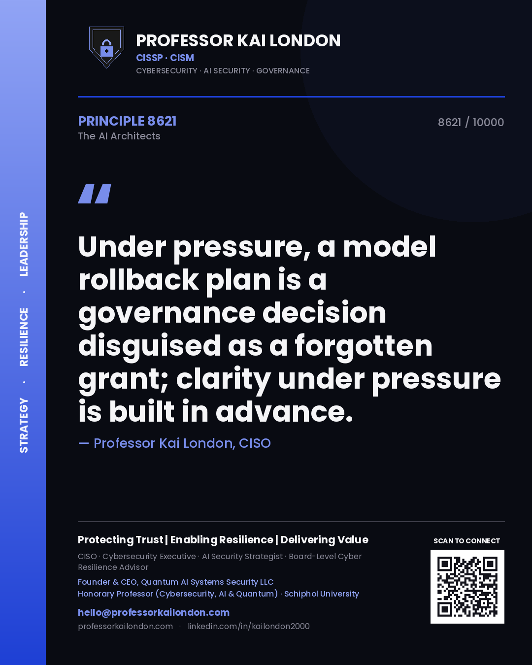 Quote card by Professor Kai London reading 'Under pressure, a model rollback plan is a governance decision disguised as a forgotten grant; clarity under pressure is built in advance.'. From the book The AI Architects.