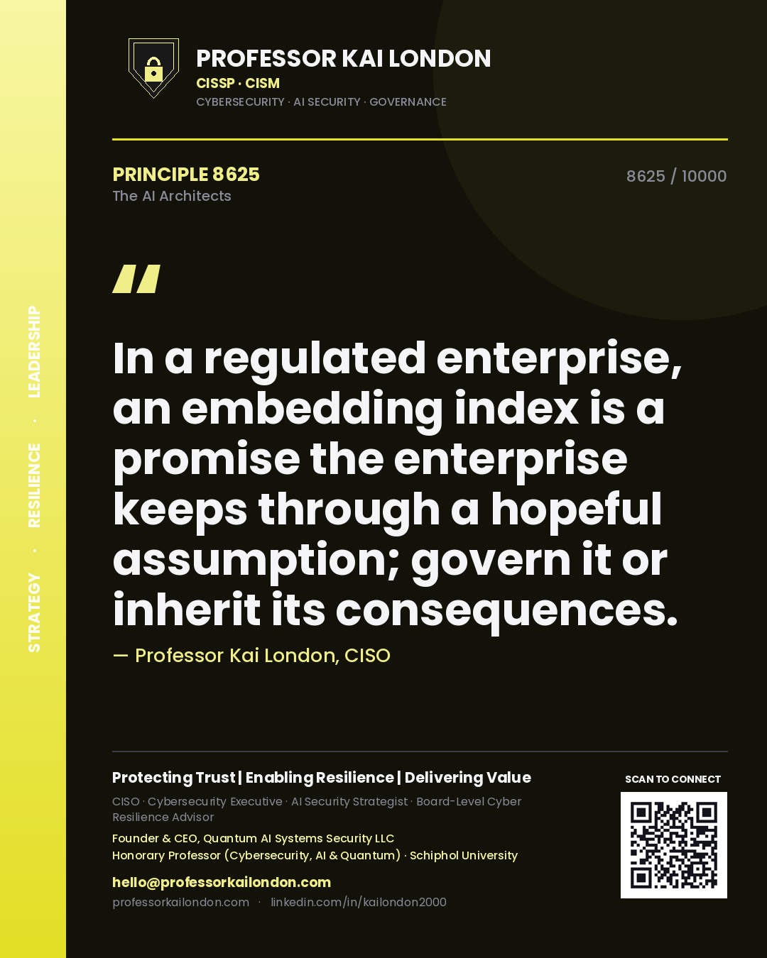 Quote card by Professor Kai London reading 'In a regulated enterprise, an embedding index is a promise the enterprise keeps through a hopeful assumption; govern it or inherit its consequences.'. From the book The AI Architects.