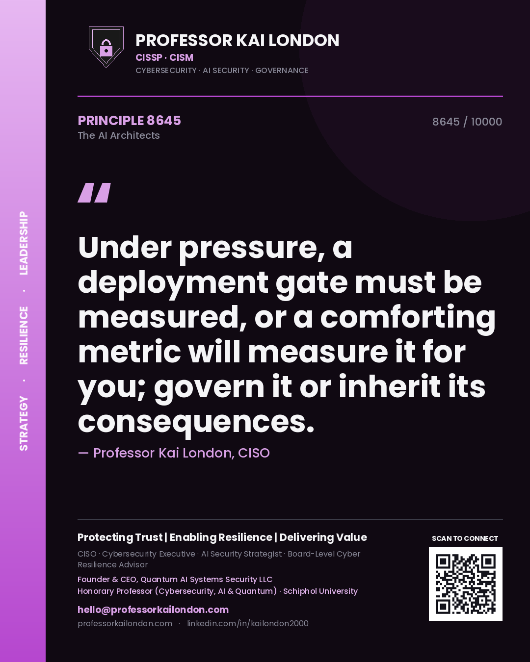 Quote card by Professor Kai London reading 'Under pressure, a deployment gate must be measured, or a comforting metric will measure it for you; govern it or inherit its consequences.'. From the book The AI Architects.