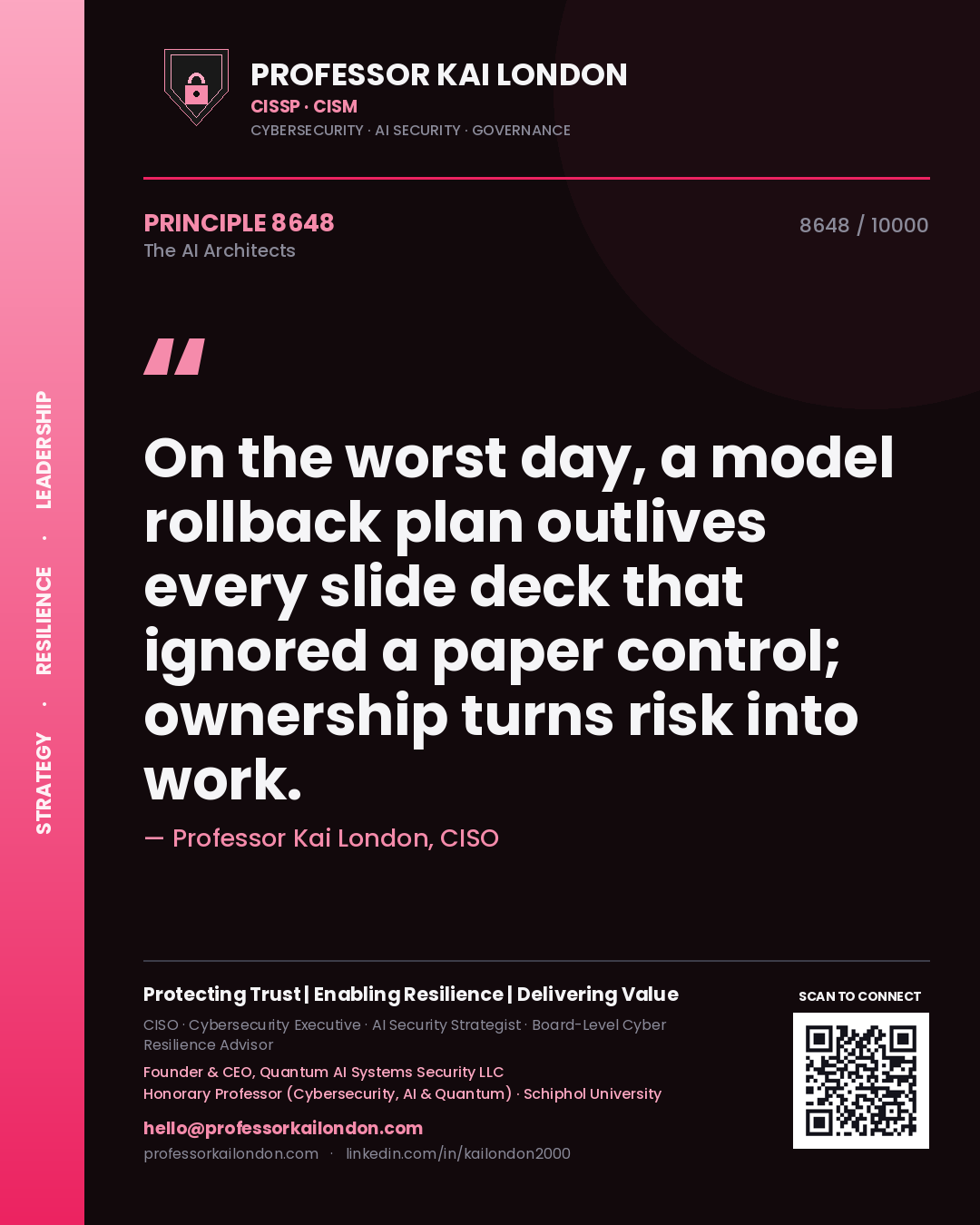 Quote card by Professor Kai London reading 'On the worst day, a model rollback plan outlives every slide deck that ignored a paper control; ownership turns risk into work.'. From the book The AI Architects.