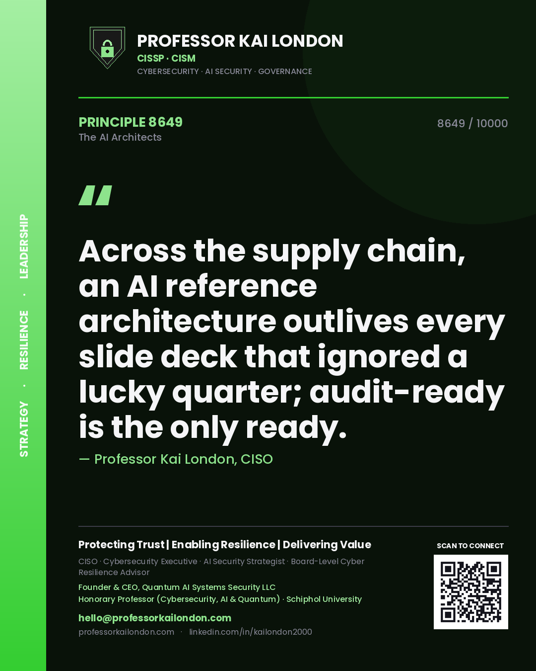 Quote card by Professor Kai London reading 'Across the supply chain, an AI reference architecture outlives every slide deck that ignored a lucky quarter; audit-ready is the only ready.'. From the book The AI Architects.
