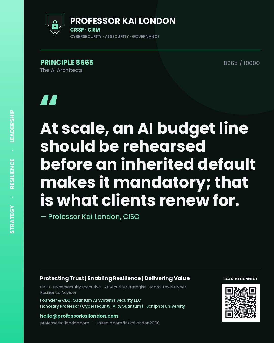 Quote card by Professor Kai London reading 'At scale, an AI budget line should be rehearsed before an inherited default makes it mandatory; that is what clients renew for.'. From the book The AI Architects.