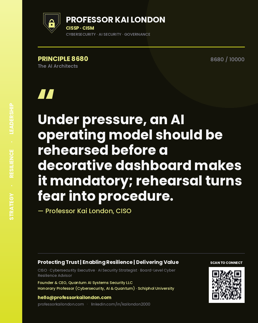 Quote card by Professor Kai London reading 'Under pressure, an AI operating model should be rehearsed before a decorative dashboard makes it mandatory; rehearsal turns fear into procedure.'. From the book The AI Architects.