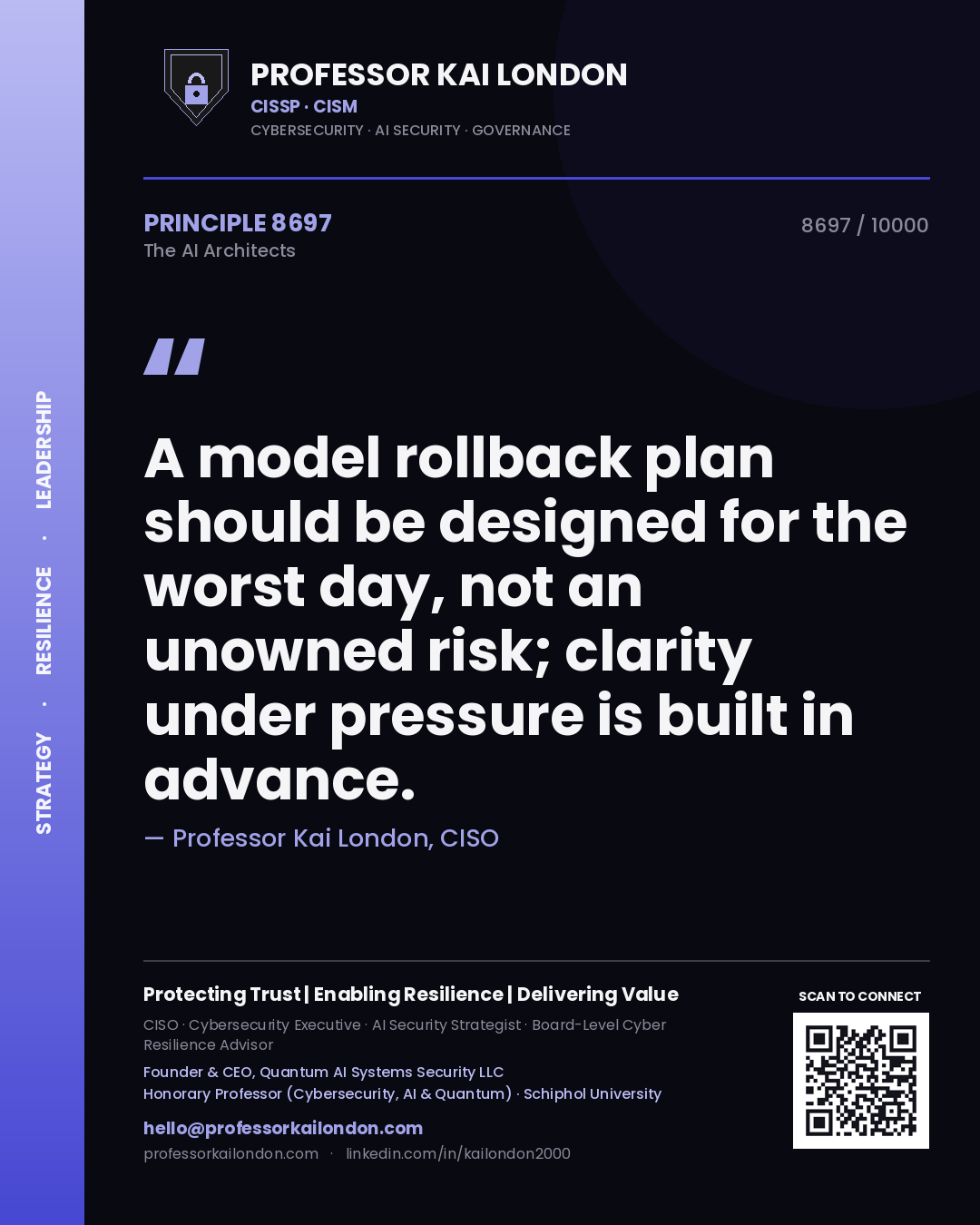 Quote card by Professor Kai London reading 'A model rollback plan should be designed for the worst day, not an unowned risk; clarity under pressure is built in advance.'. From the book The AI Architects.