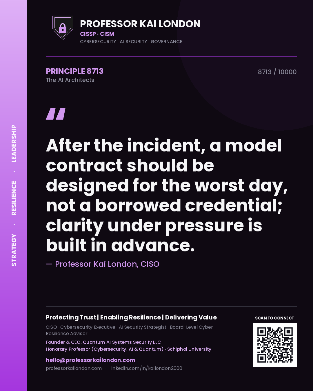 Quote card by Professor Kai London reading 'After the incident, a model contract should be designed for the worst day, not a borrowed credential; clarity under pressure is built in advance.'. From the book The AI Architects.