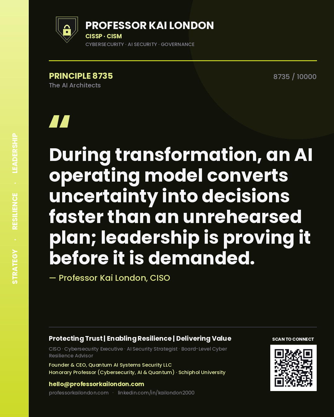 Professor Kai London principle 8735: During transformation, an AI operating model converts uncertainty into decisions faster than an unrehearsed plan; leadership is proving it before it is demanded.