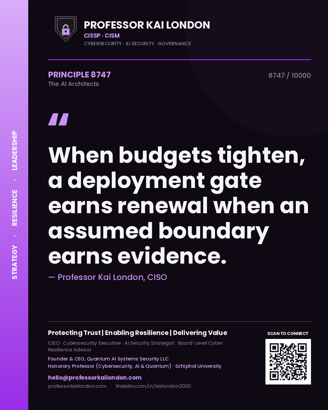 Quote card by Professor Kai London reading 'When budgets tighten, a deployment gate earns renewal when an assumed boundary earns evidence.'. From the book The AI Architects.