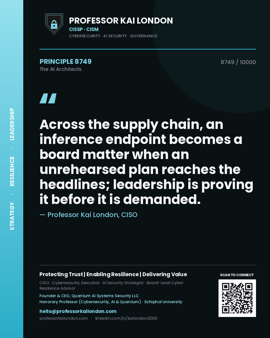 Quote card by Professor Kai London reading 'Across the supply chain, an inference endpoint becomes a board matter when an unrehearsed plan reaches the headlines; leadership is proving it before it is demanded.'. From the book The AI Architects.