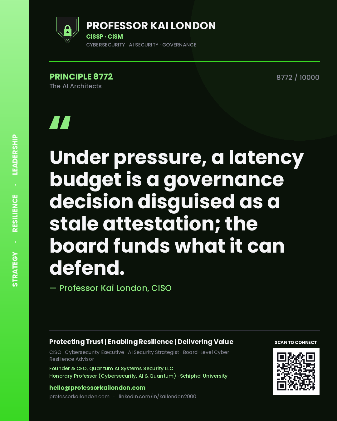 Professor Kai London principle 8772: Under pressure, a latency budget is a governance decision disguised as a stale attestation; the board funds what it can defend.