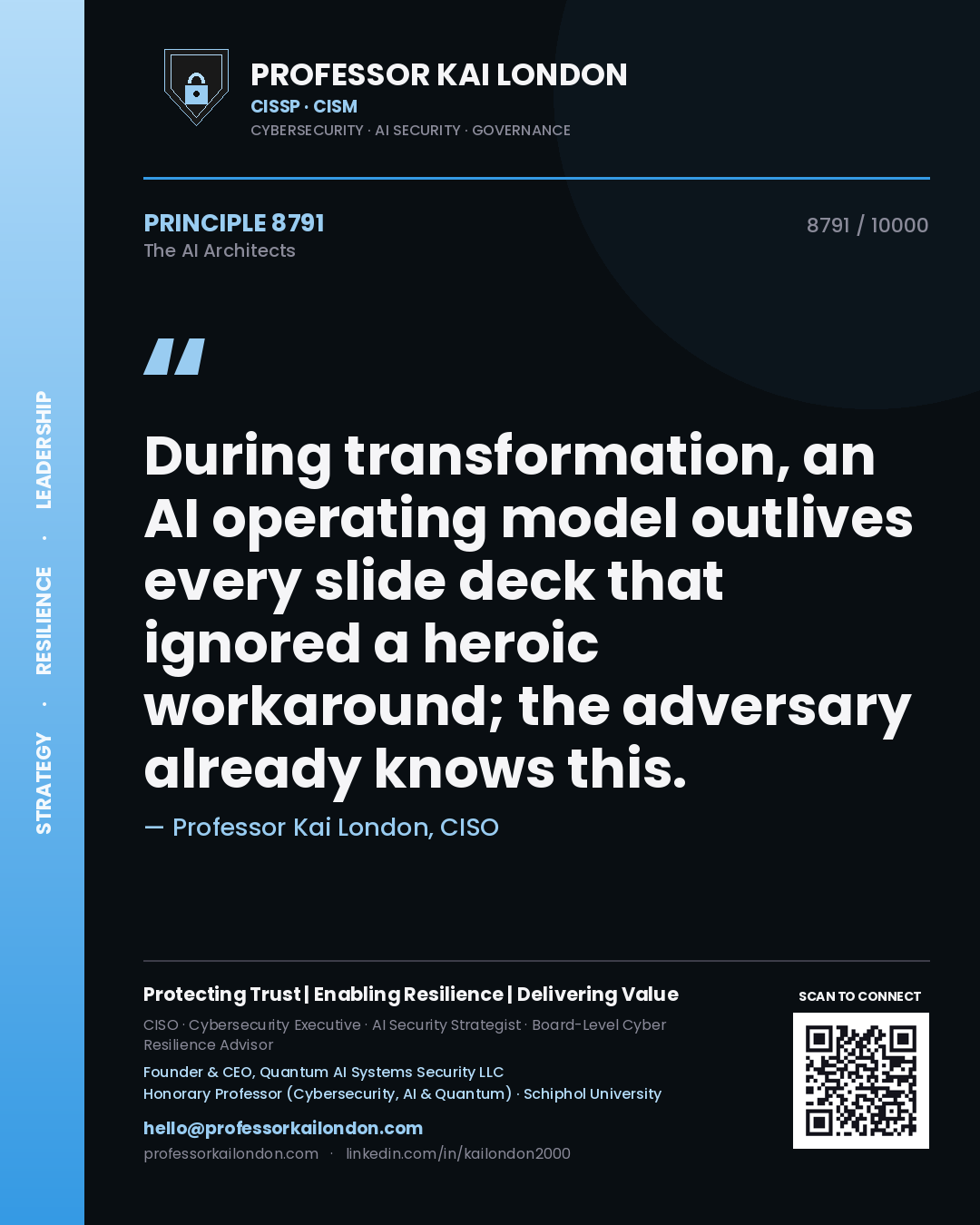 Professor Kai London principle 8791: During transformation, an AI operating model outlives every slide deck that ignored a heroic workaround; the adversary already knows this.