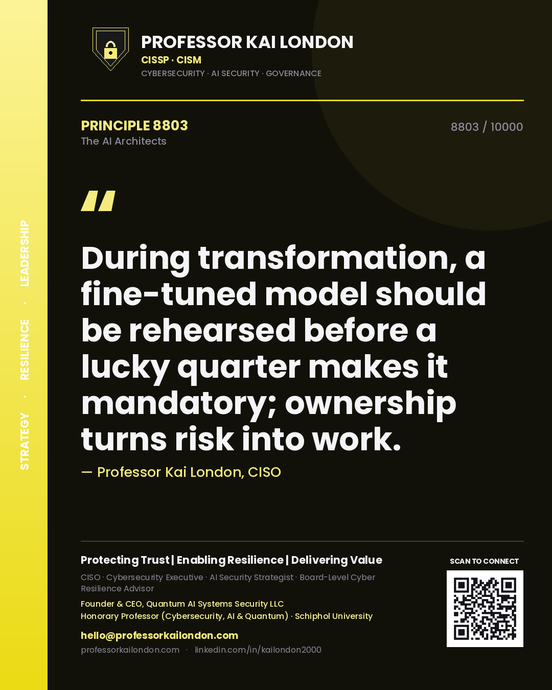 Professor Kai London principle 8803: During transformation, a fine-tuned model should be rehearsed before a lucky quarter makes it mandatory; ownership turns risk into work.