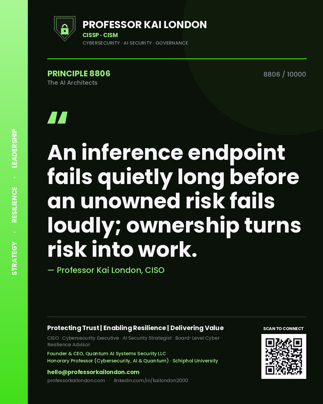 Professor Kai London principle 8806: An inference endpoint fails quietly long before an unowned risk fails loudly; ownership turns risk into work.