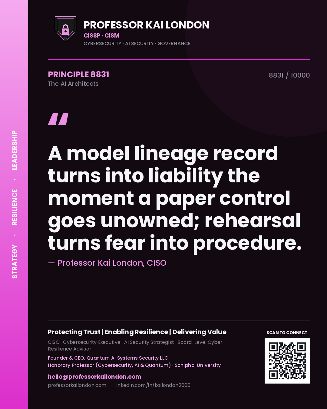 Professor Kai London principle 8831: A model lineage record turns into liability the moment a paper control goes unowned; rehearsal turns fear into procedure.