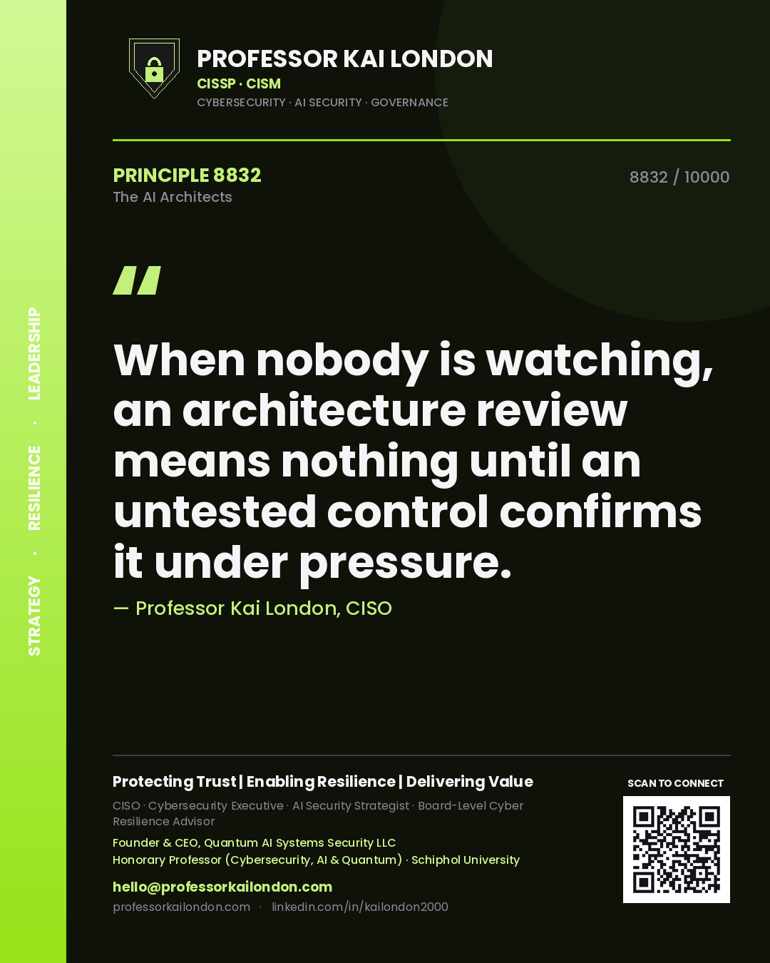 Professor Kai London principle 8832: When nobody is watching, an architecture review means nothing until an untested control confirms it under pressure.