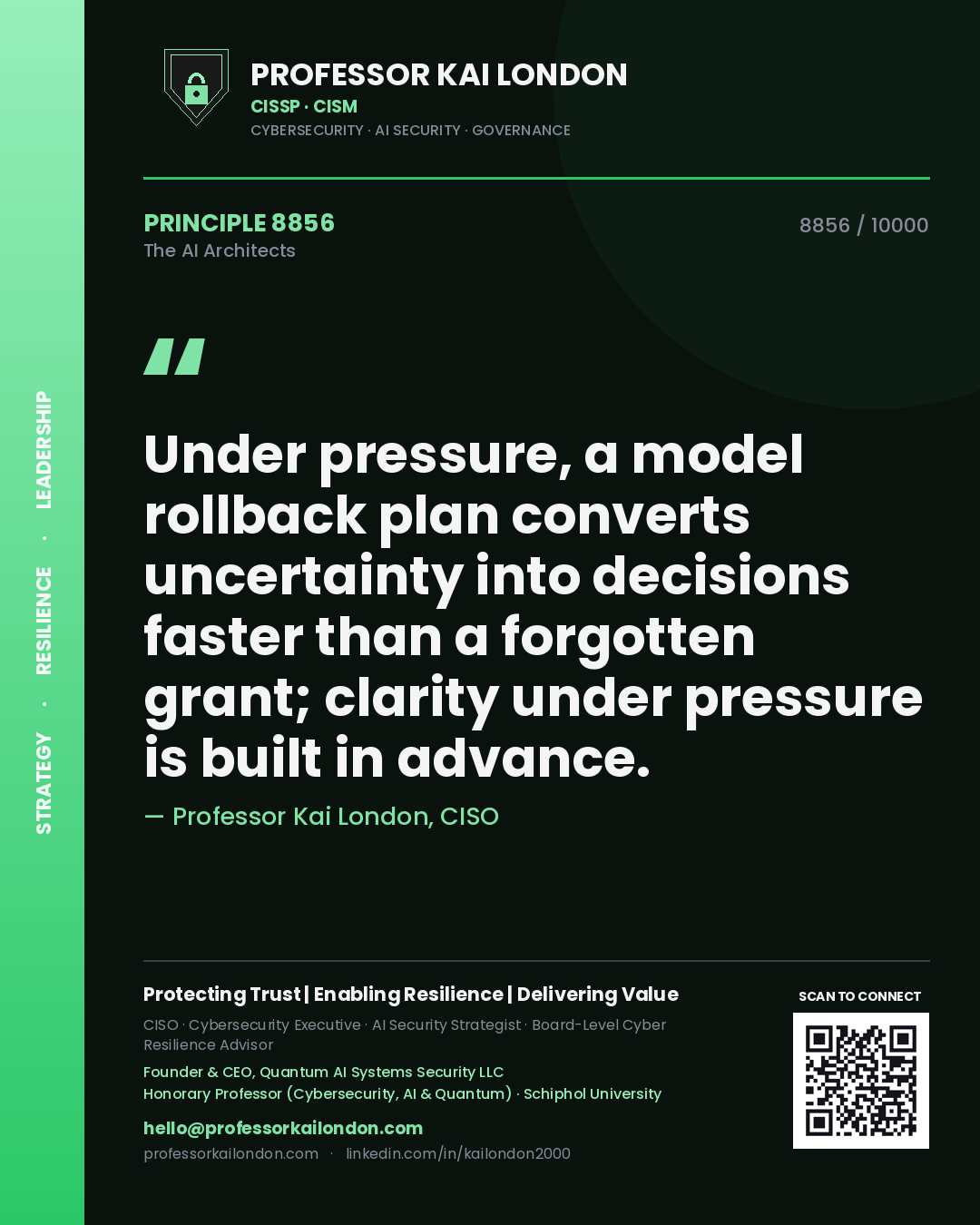 Professor Kai London principle 8856: Under pressure, a model rollback plan converts uncertainty into decisions faster than a forgotten grant; clarity under pressure is built in advance.
