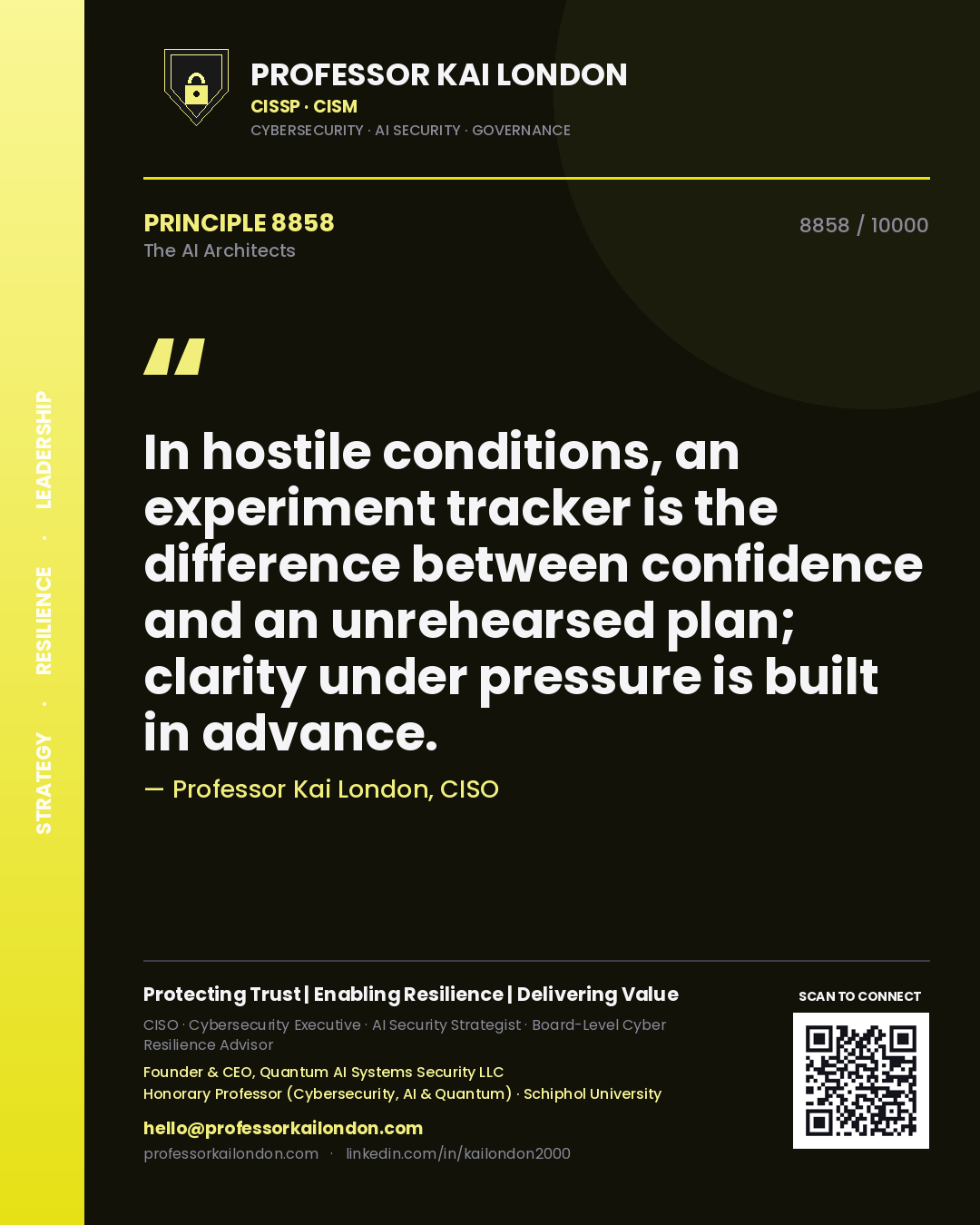 Professor Kai London principle 8858: In hostile conditions, an experiment tracker is the difference between confidence and an unrehearsed plan; clarity under pressure is built in advance.