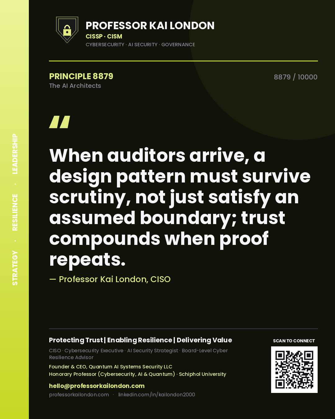 Professor Kai London principle 8879: When auditors arrive, a design pattern must survive scrutiny, not just satisfy an assumed boundary; trust compounds when proof repeats.