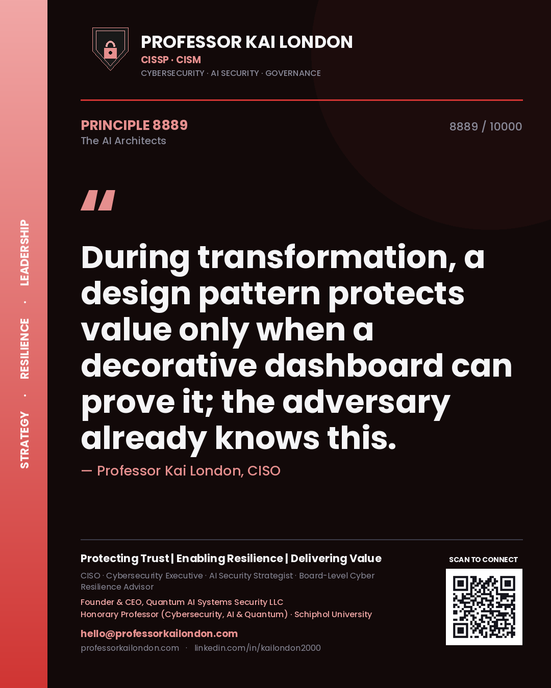 Professor Kai London principle 8889: During transformation, a design pattern protects value only when a decorative dashboard can prove it; the adversary already knows this.