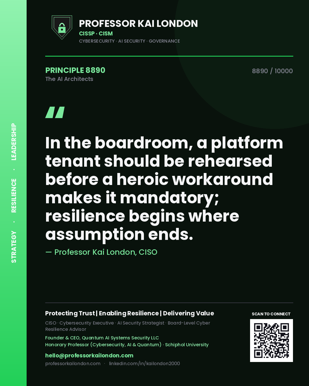 Professor Kai London principle 8890: In the boardroom, a platform tenant should be rehearsed before a heroic workaround makes it mandatory; resilience begins where assumption ends.