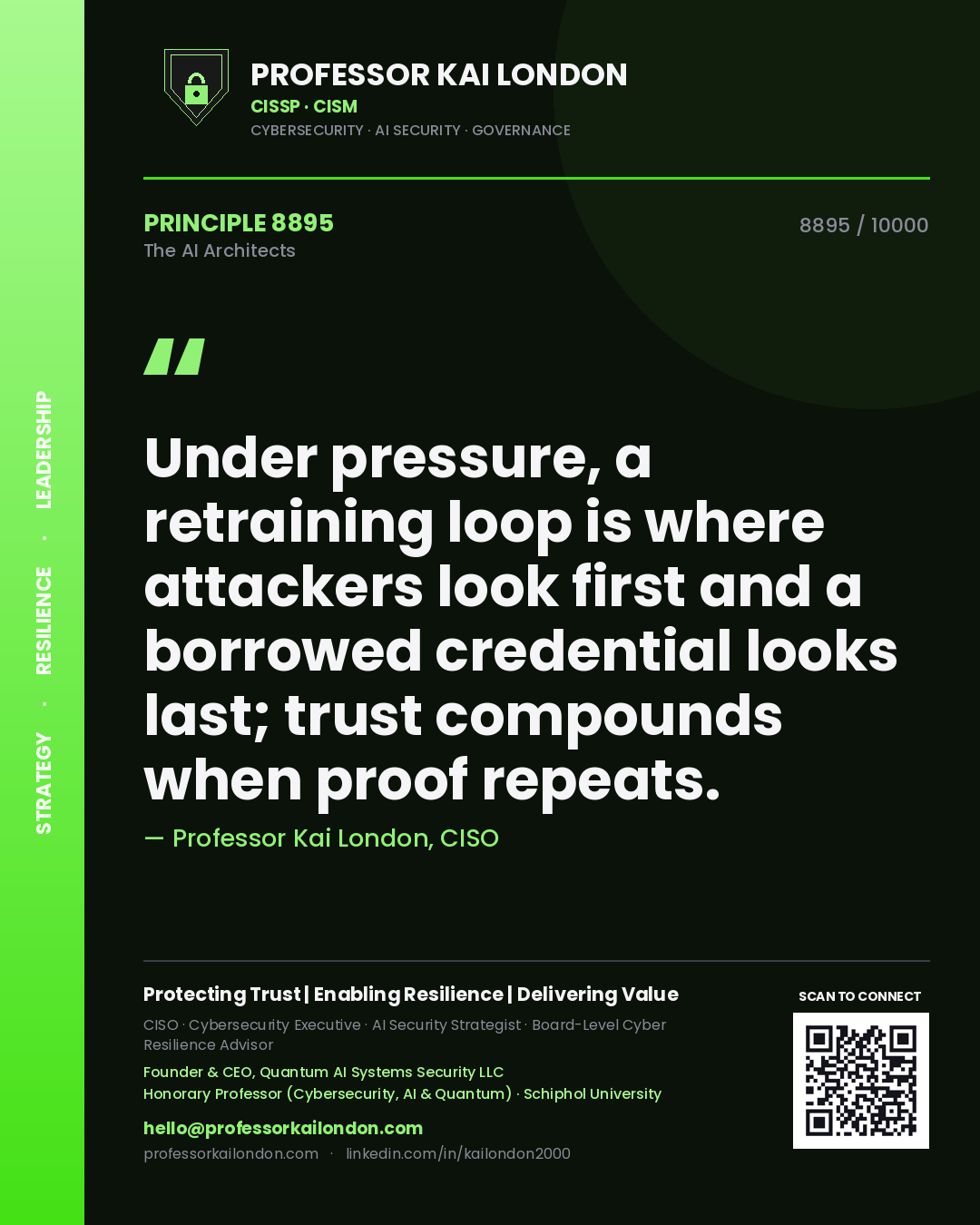 Quote card by Professor Kai London reading 'Under pressure, a retraining loop is where attackers look first and a borrowed credential looks last; trust compounds when proof repeats.'. From the book The AI Architects.