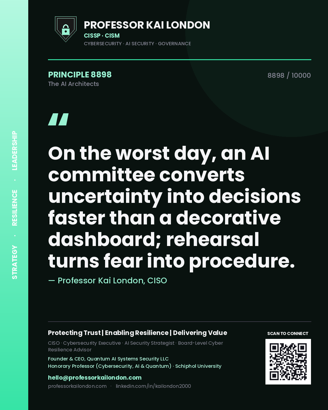 Quote card by Professor Kai London reading 'On the worst day, an AI committee converts uncertainty into decisions faster than a decorative dashboard; rehearsal turns fear into procedure.'. From the book The AI Architects.
