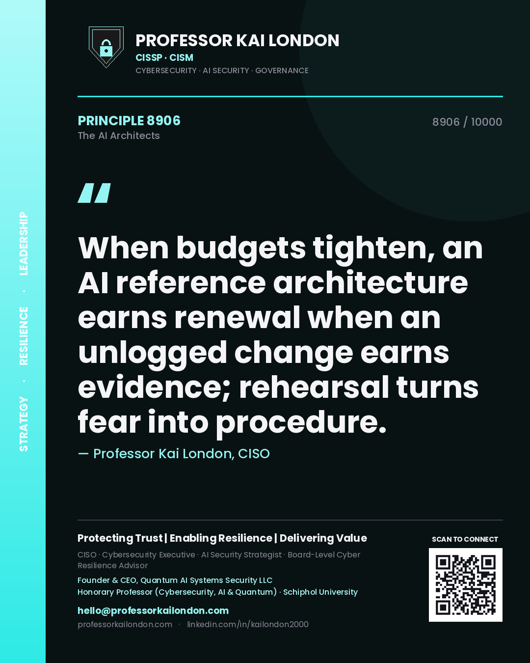 Quote card by Professor Kai London reading 'When budgets tighten, an AI reference architecture earns renewal when an unlogged change earns evidence; rehearsal turns fear into procedure.'. From the book The AI Architects.