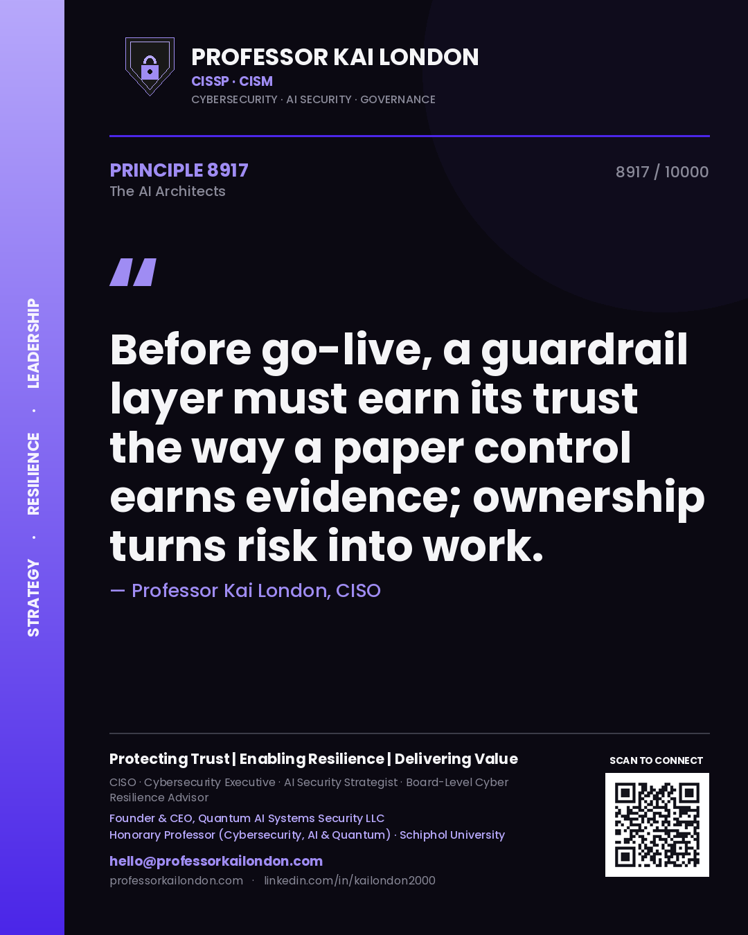 Quote card by Professor Kai London reading 'Before go-live, a guardrail layer must earn its trust the way a paper control earns evidence; ownership turns risk into work.'. From the book The AI Architects.