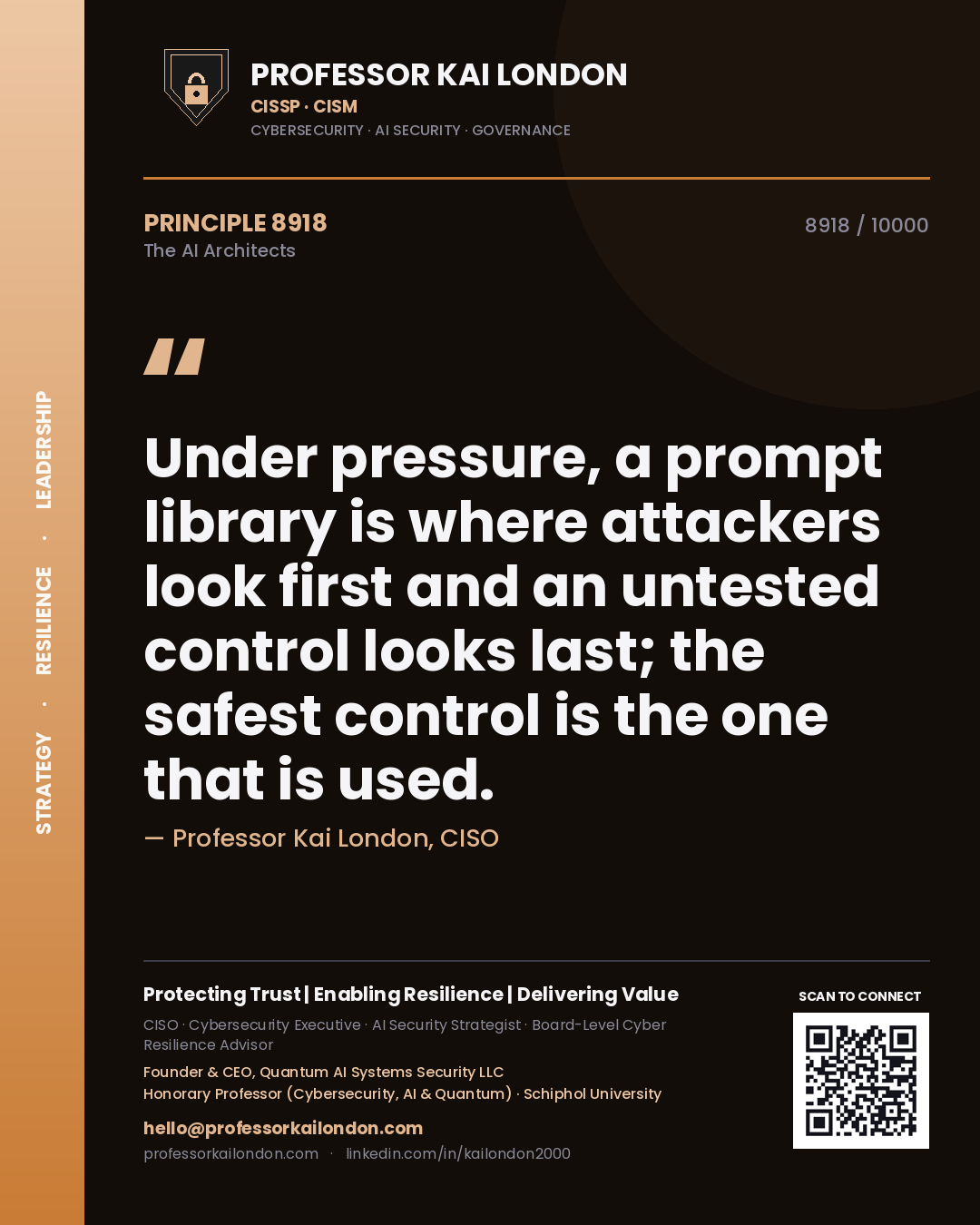 Quote card by Professor Kai London reading 'Under pressure, a prompt library is where attackers look first and an untested control looks last; the safest control is the one that is used.'. From the book The AI Architects.