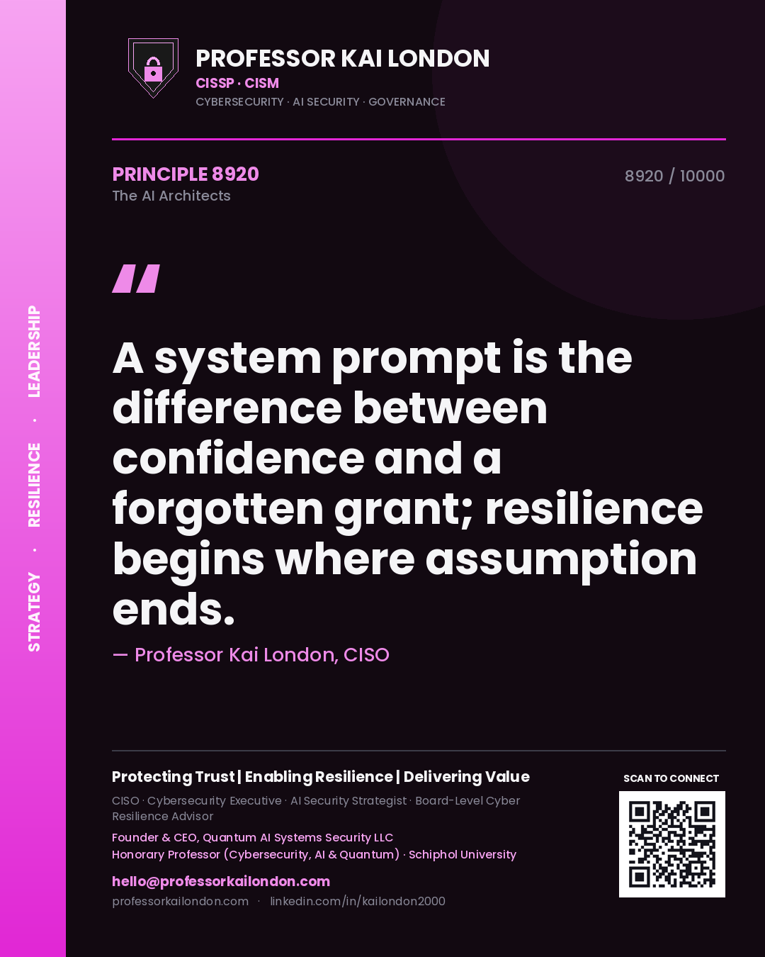 Quote card by Professor Kai London reading 'A system prompt is the difference between confidence and a forgotten grant; resilience begins where assumption ends.'. From the book The AI Architects.