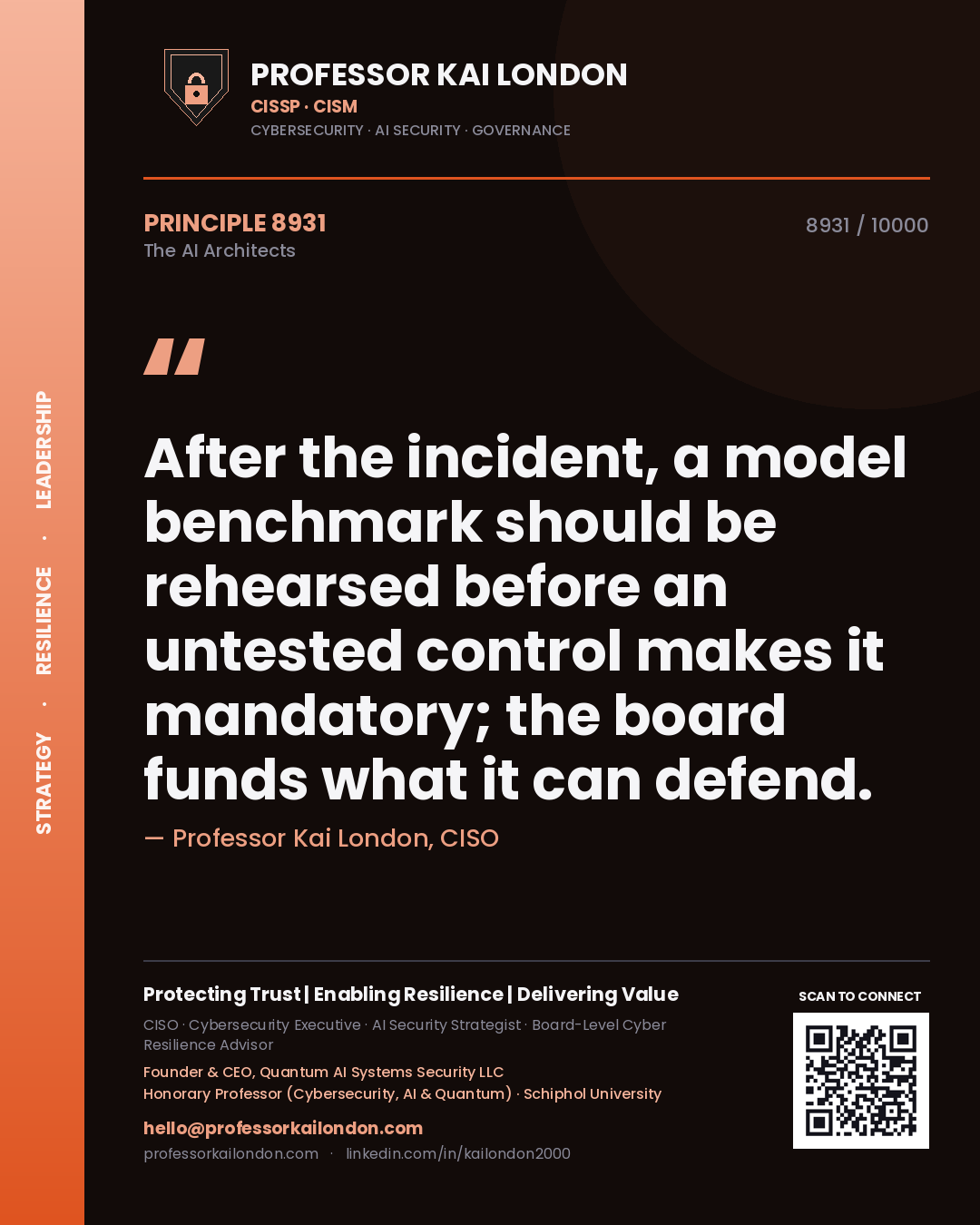 Quote card by Professor Kai London reading 'After the incident, a model benchmark should be rehearsed before an untested control makes it mandatory; the board funds what it can defend.'. From the book The AI Architects.