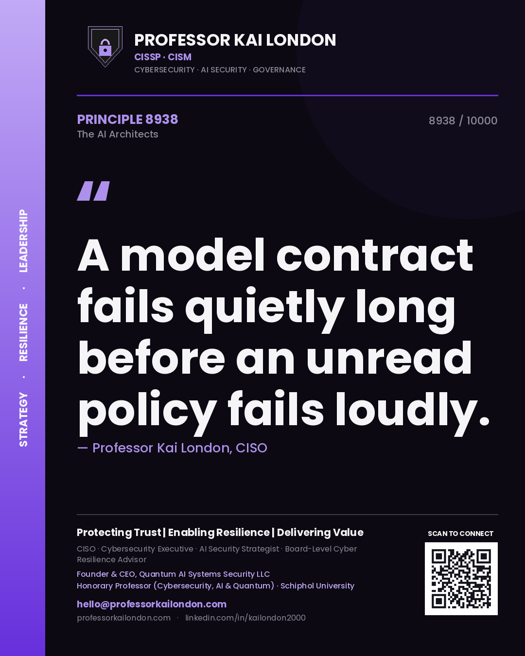 Quote card by Professor Kai London reading 'A model contract fails quietly long before an unread policy fails loudly.'. From the book The AI Architects.