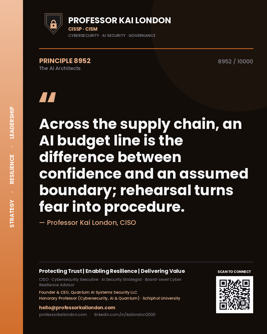Quote card by Professor Kai London reading 'Across the supply chain, an AI budget line is the difference between confidence and an assumed boundary; rehearsal turns fear into procedure.'. From the book The AI Architects.