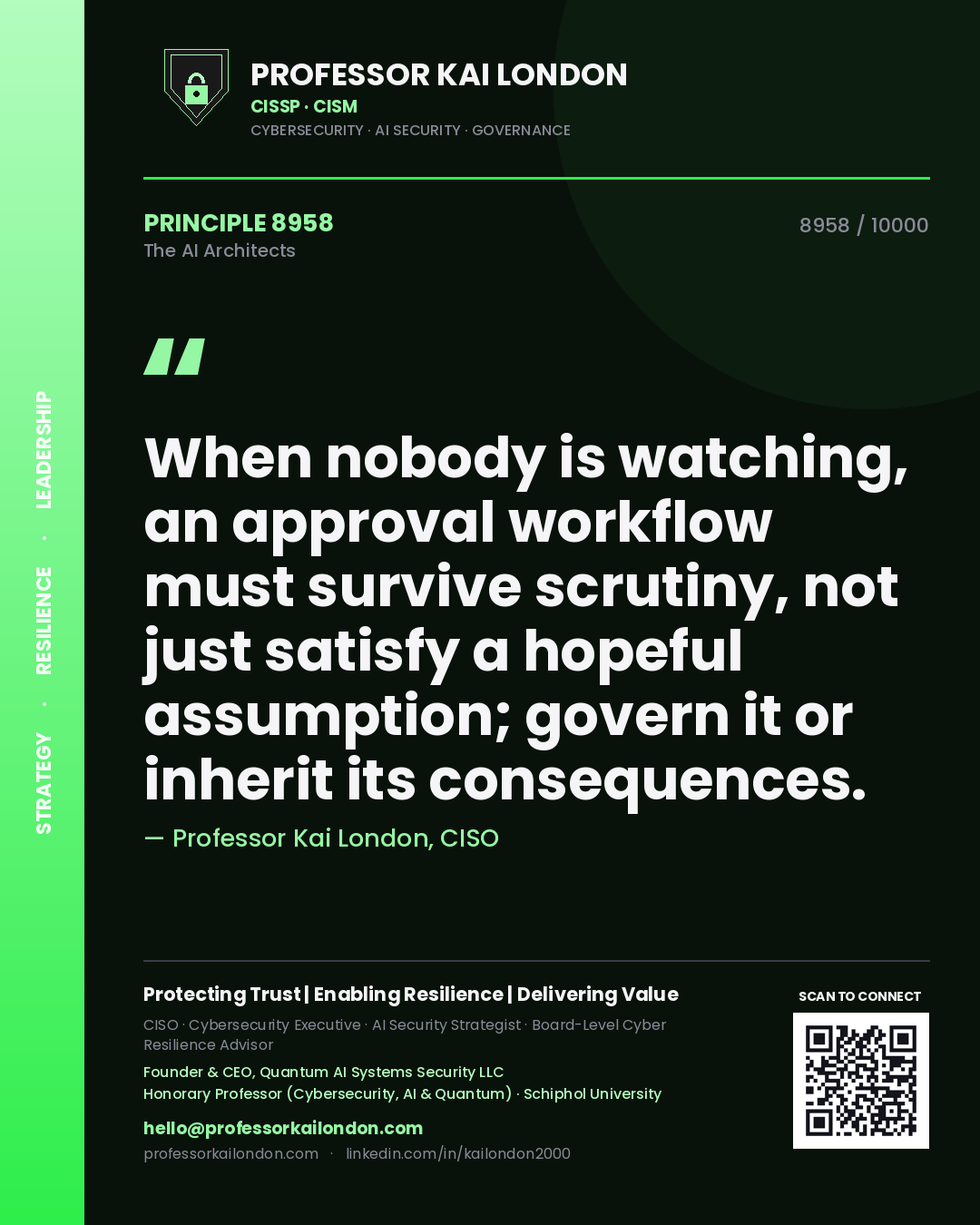 Quote card by Professor Kai London reading 'When nobody is watching, an approval workflow must survive scrutiny, not just satisfy a hopeful assumption; govern it or inherit its consequences.'. From the book The AI Architects.