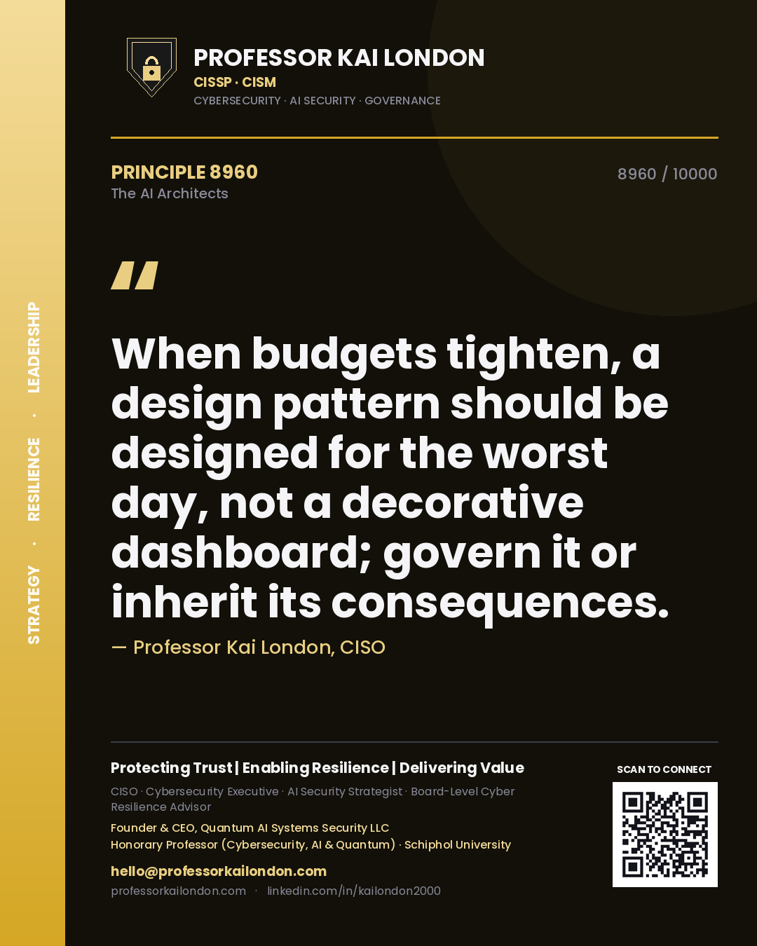 Professor Kai London principle 8960: When budgets tighten, a design pattern should be designed for the worst day, not a decorative dashboard; govern it or inherit its consequences.