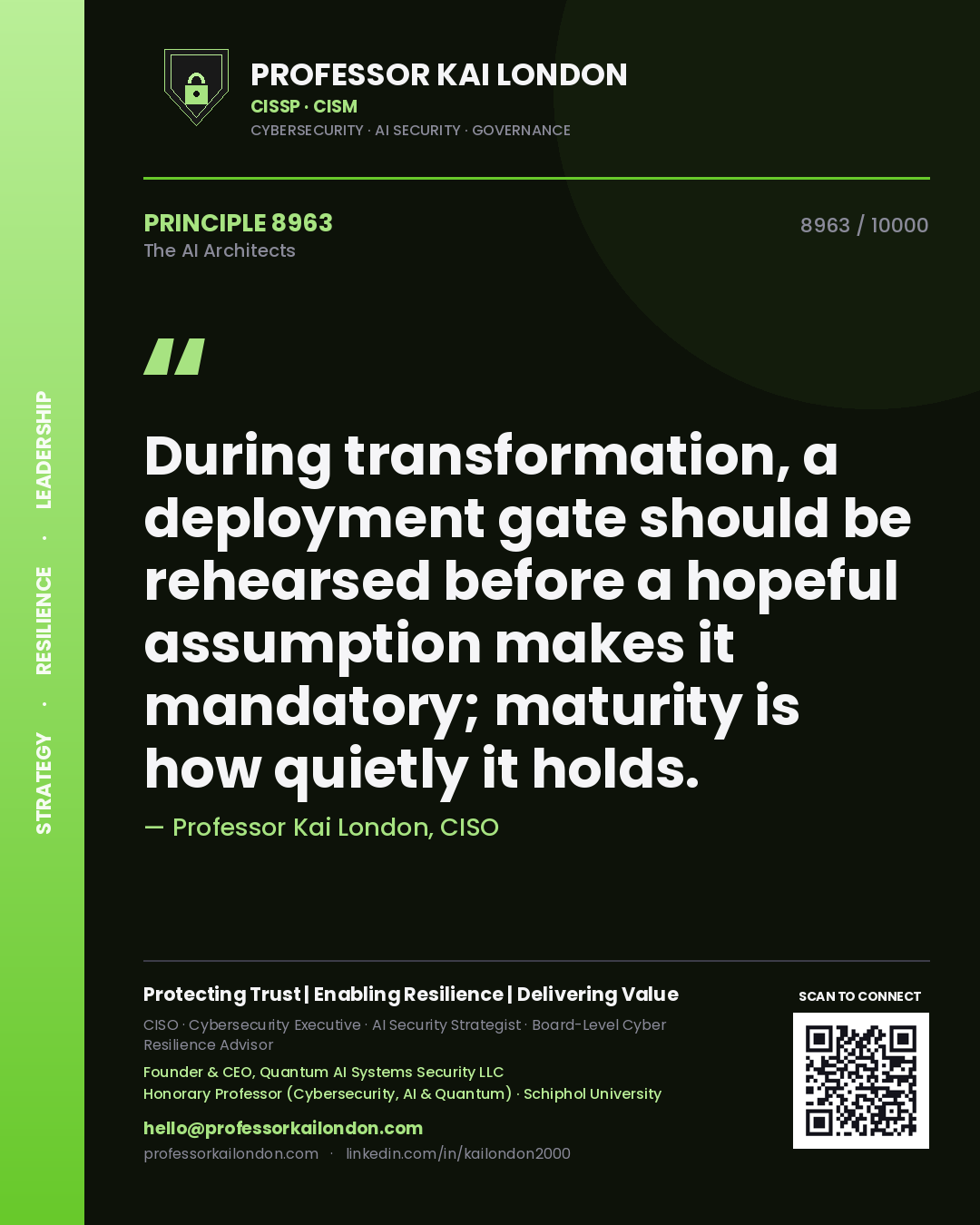 Professor Kai London principle 8963: During transformation, a deployment gate should be rehearsed before a hopeful assumption makes it mandatory; maturity is how quietly it holds.