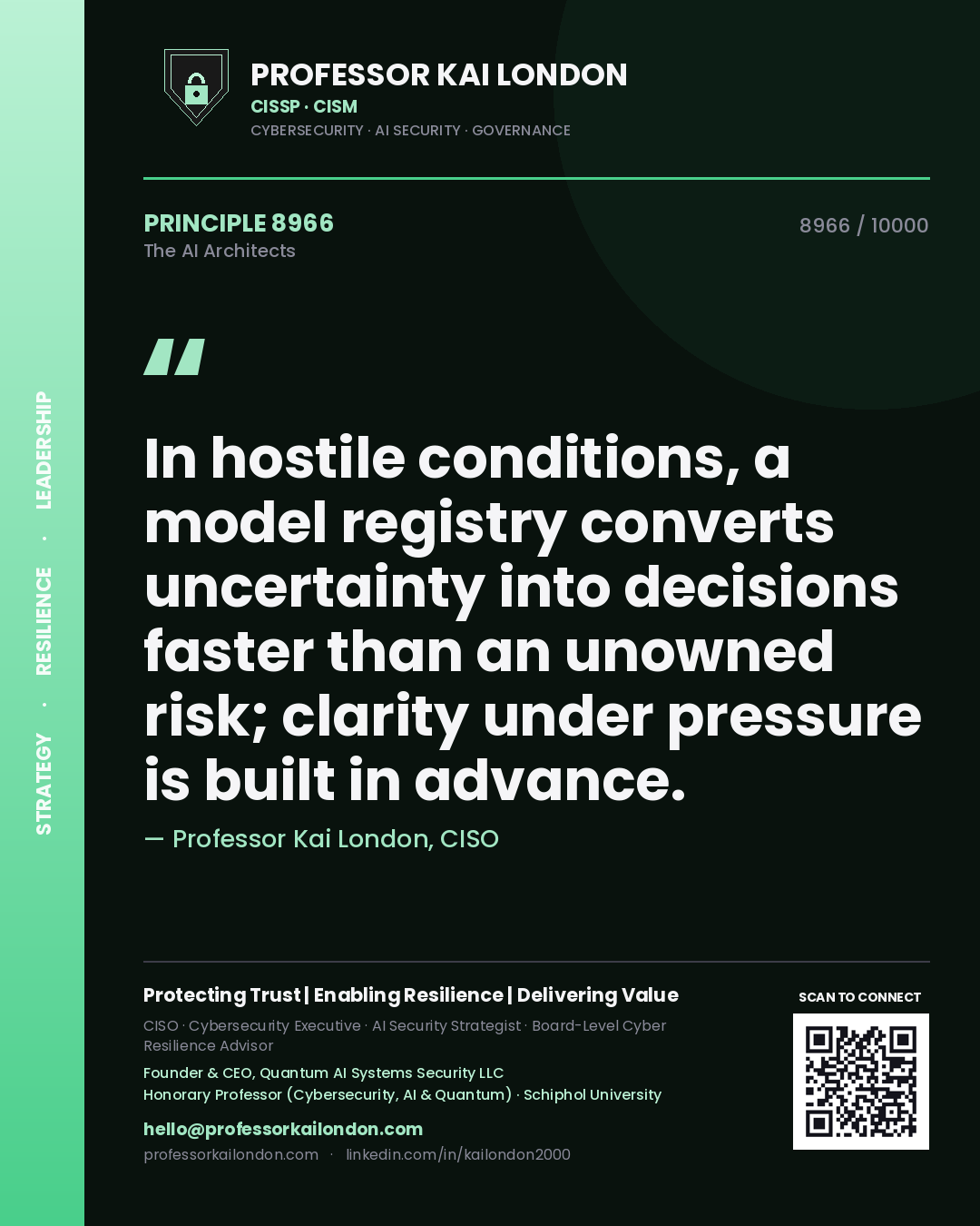 Quote card by Professor Kai London reading 'In hostile conditions, a model registry converts uncertainty into decisions faster than an unowned risk; clarity under pressure is built in advance.'. From the book The AI Architects.