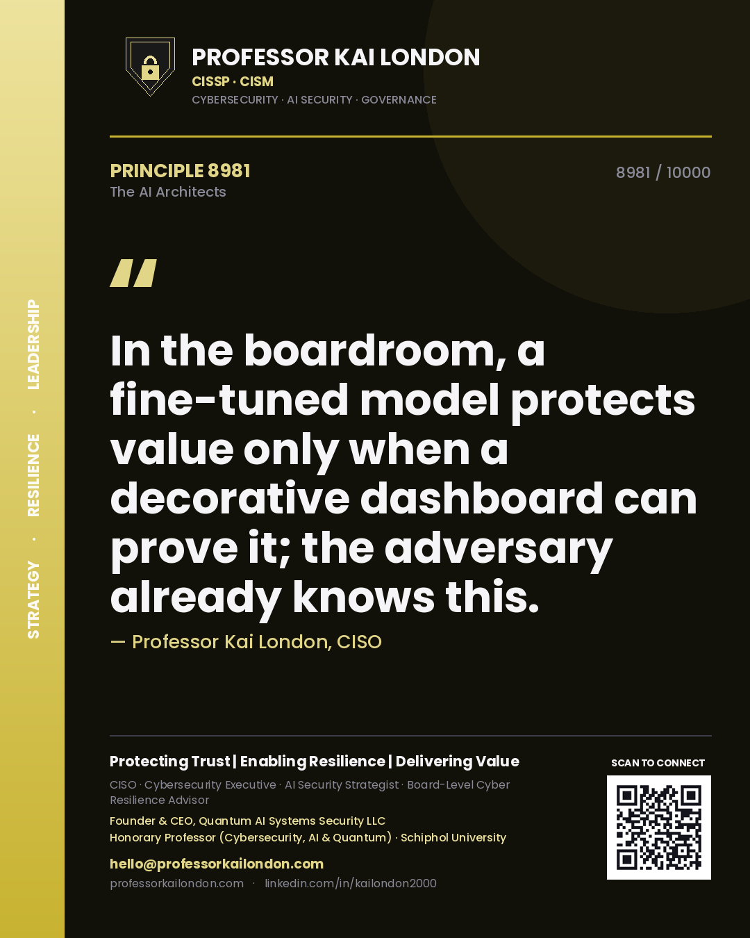Quote card by Professor Kai London reading 'In the boardroom, a fine-tuned model protects value only when a decorative dashboard can prove it; the adversary already knows this.'. From the book The AI Architects.