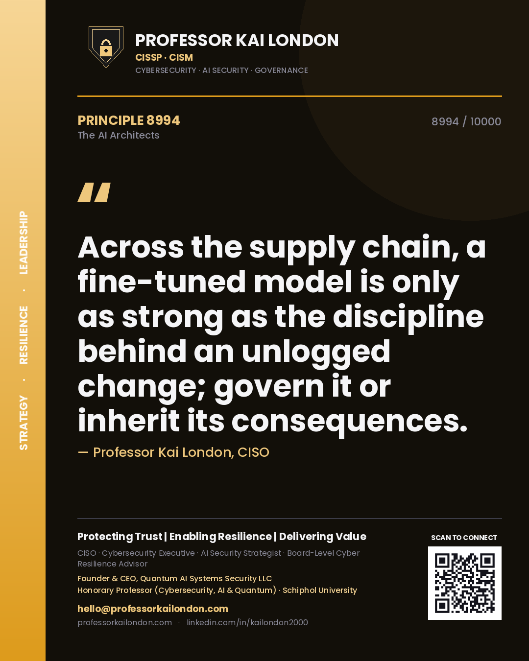 Quote card by Professor Kai London reading 'Across the supply chain, a fine-tuned model is only as strong as the discipline behind an unlogged change; govern it or inherit its consequences.'. From the book The AI Architects.