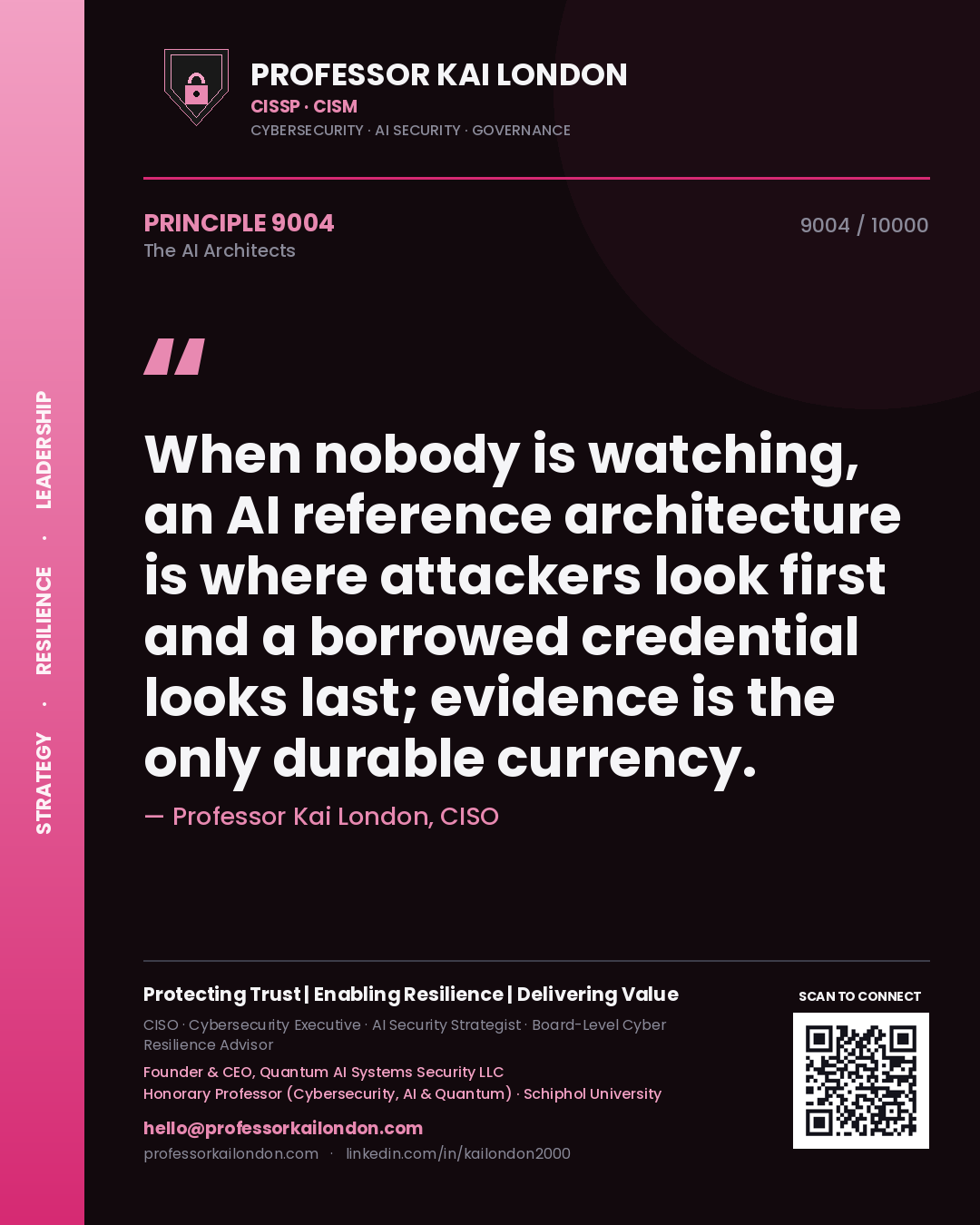 Professor Kai London principle 9004: When nobody is watching, an AI reference architecture is where attackers look first and a borrowed credential looks last; evidence is the only durable currency.