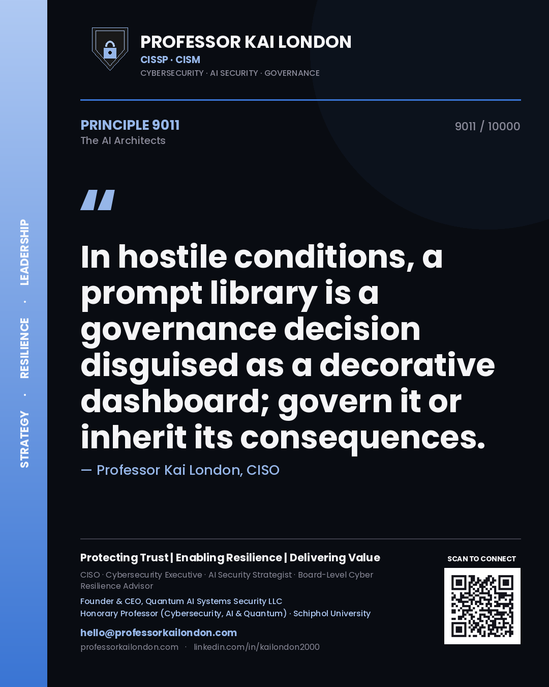 Quote card by Professor Kai London reading 'In hostile conditions, a prompt library is a governance decision disguised as a decorative dashboard; govern it or inherit its consequences.'. From the book The AI Architects.