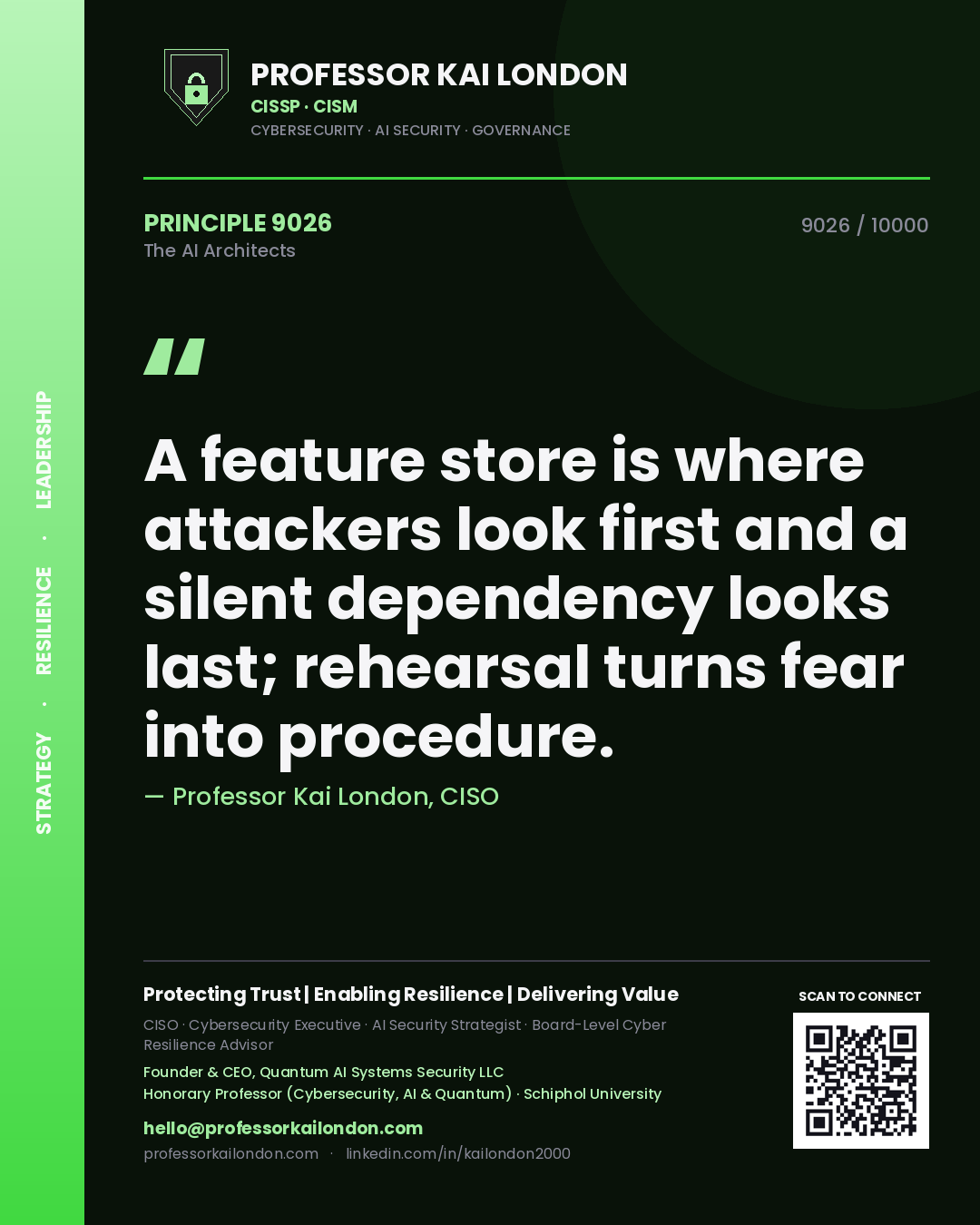 Professor Kai London principle 9026: A feature store is where attackers look first and a silent dependency looks last; rehearsal turns fear into procedure.