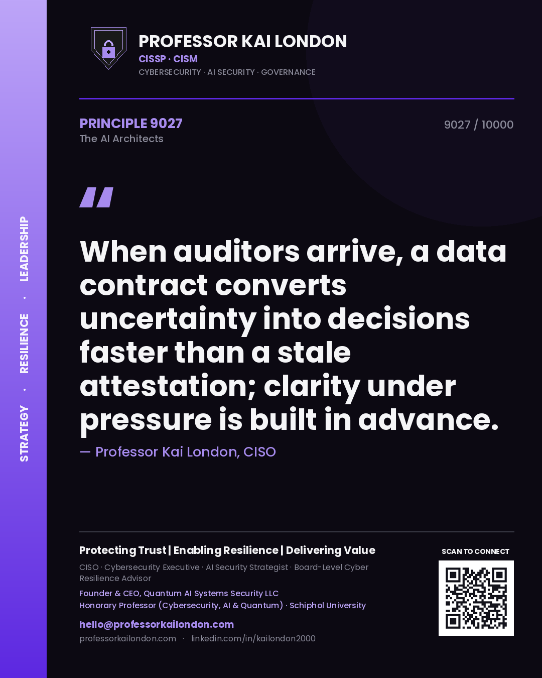 Quote card by Professor Kai London reading 'When auditors arrive, a data contract converts uncertainty into decisions faster than a stale attestation; clarity under pressure is built in advance.'. From the book The AI Architects.