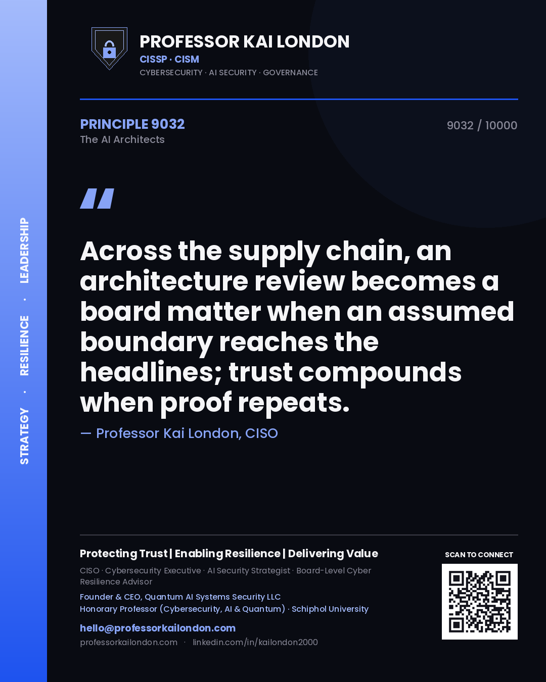 Quote card by Professor Kai London reading 'Across the supply chain, an architecture review becomes a board matter when an assumed boundary reaches the headlines; trust compounds when proof repeats.'. From the book The AI Architects.